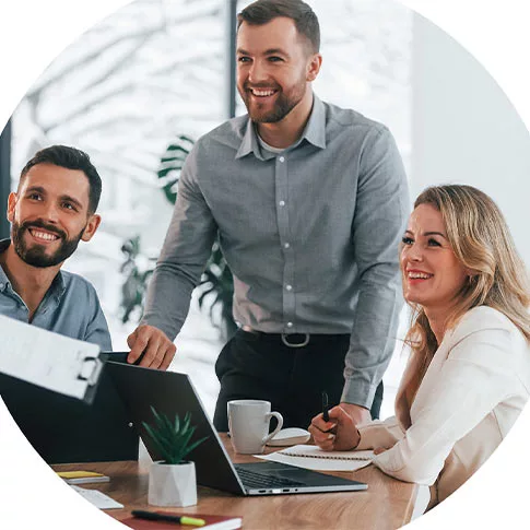 three workers were watching someone happily