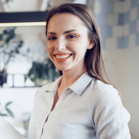 female worker smiles